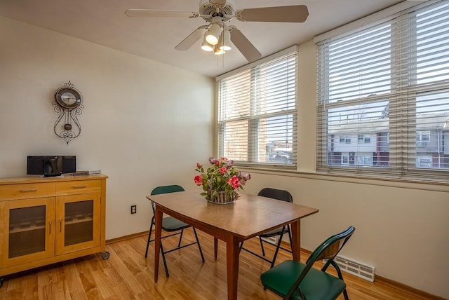 dining area with baseboards, ceiling fan, visible vents, and light wood finished floors