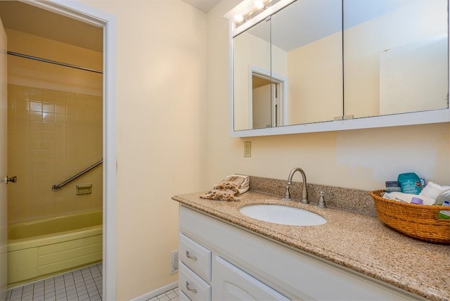 full bath with shower / tub combination, tile patterned flooring, and vanity