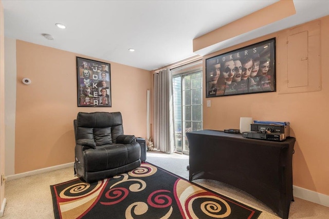 office featuring carpet flooring, recessed lighting, and baseboards