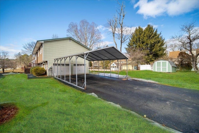 view of parking / parking lot with a garage, a storage shed, a carport, and fence