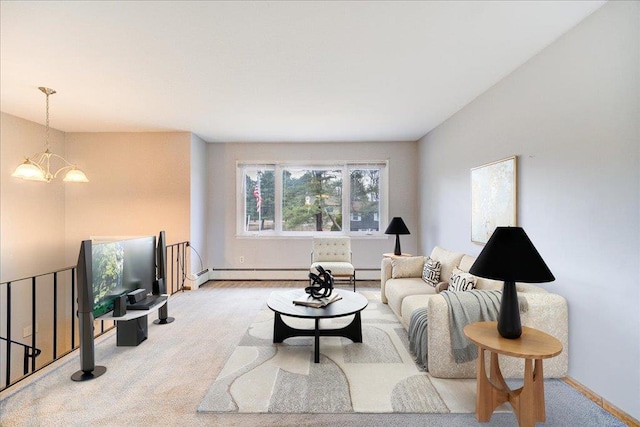 carpeted living room with a baseboard heating unit, baseboards, and an inviting chandelier