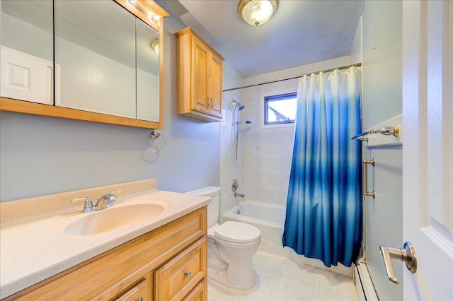 full bath with a baseboard heating unit, toilet, vanity, and shower / tub combo