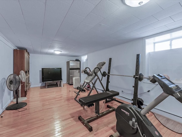 exercise room featuring light wood finished floors