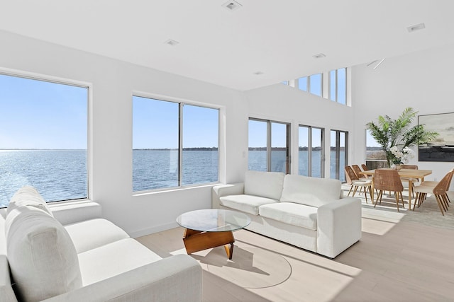 living room with a healthy amount of sunlight, a water view, and light wood finished floors