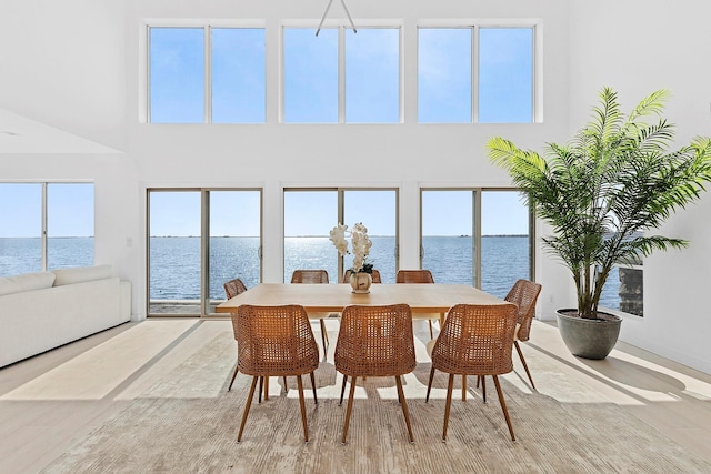 dining space with a wealth of natural light, a water view, wood finished floors, and a towering ceiling