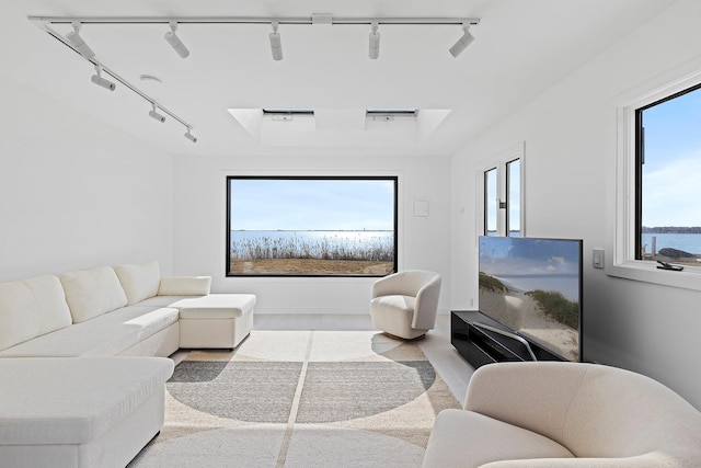 living room featuring track lighting