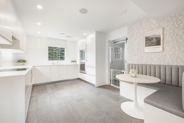 full bathroom with wallpapered walls, visible vents, tile patterned flooring, vanity, and recessed lighting