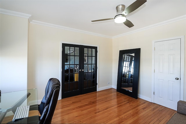 office area featuring ceiling fan, wood finished floors, baseboards, ornamental molding, and french doors