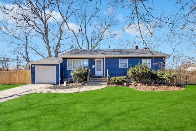 ranch-style home featuring a garage, fence, a front lawn, and concrete driveway