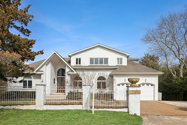 view of front of house with a fenced front yard, stucco siding, a shingled roof, a garage, and driveway