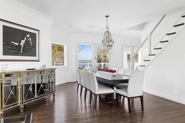 dining room with crown molding, dark wood-type flooring, stairway, and baseboards