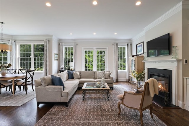 living area with ornamental molding, a glass covered fireplace, dark wood finished floors, and recessed lighting