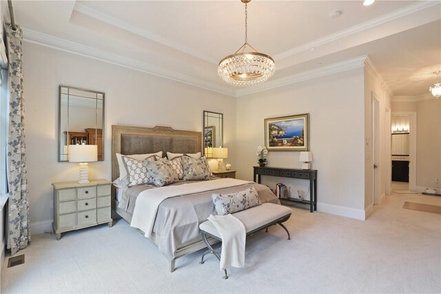 bedroom with light carpet, baseboards, an inviting chandelier, a raised ceiling, and crown molding