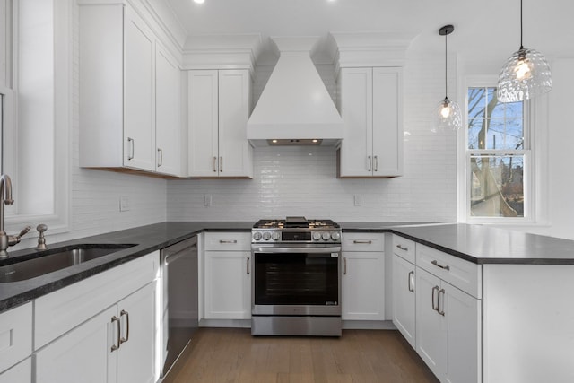 kitchen with premium range hood, appliances with stainless steel finishes, white cabinets, and a sink