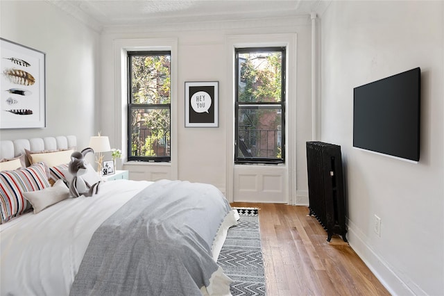 bedroom with multiple windows, light wood-style flooring, and baseboards