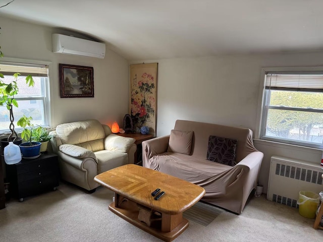 living area with an AC wall unit, light colored carpet, vaulted ceiling, and radiator heating unit