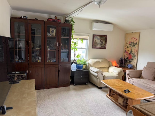 living area with light carpet, vaulted ceiling, and an AC wall unit