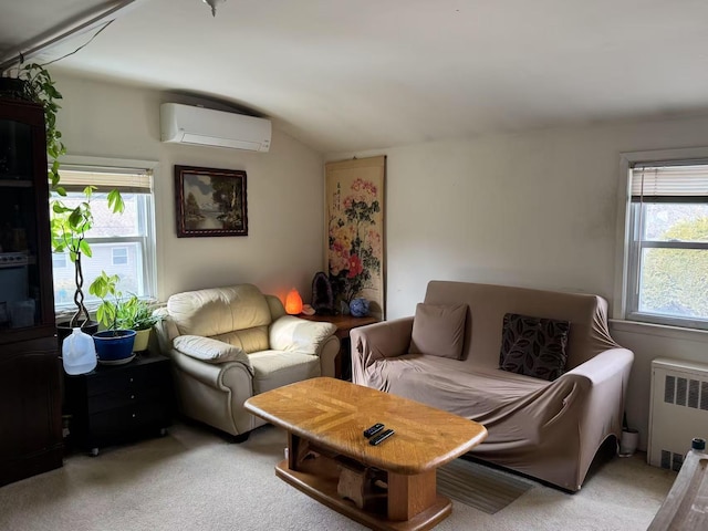 living area featuring light colored carpet, lofted ceiling, radiator, and a wall unit AC