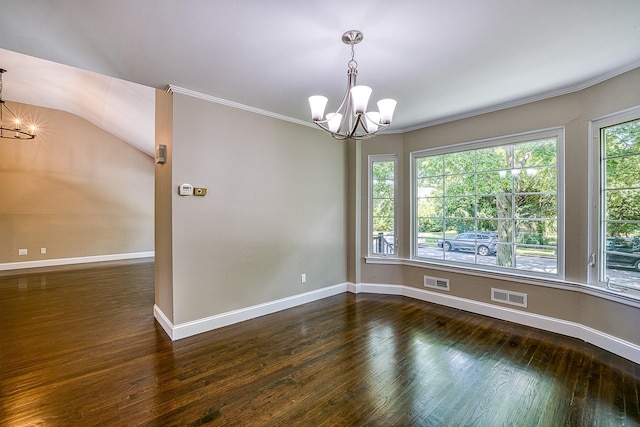 unfurnished room featuring baseboards, visible vents, a notable chandelier, and wood finished floors