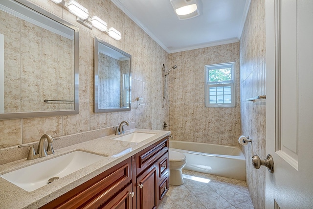 full bathroom with ornamental molding, a sink, and shower / tub combination