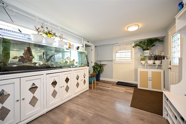 interior space featuring dark countertops and light wood-style floors