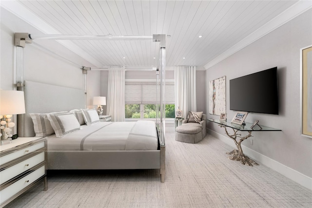 bedroom featuring carpet floors, recessed lighting, wooden ceiling, and baseboards