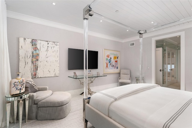 bedroom featuring ornamental molding, recessed lighting, visible vents, and baseboards