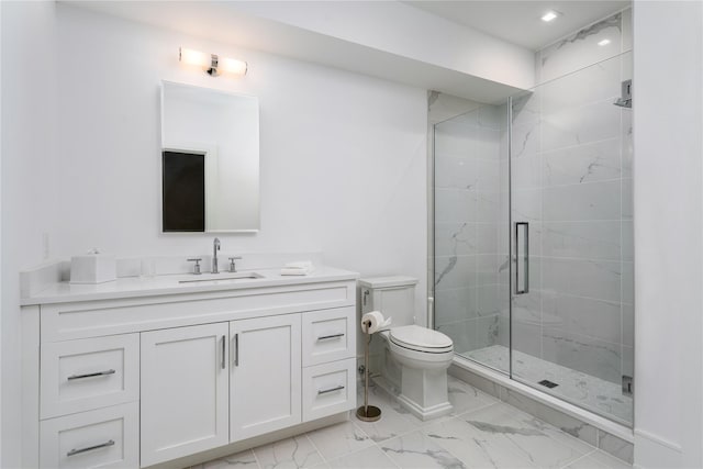 bathroom with marble finish floor, a shower stall, toilet, and vanity