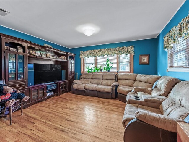 living room with light wood-style floors, a wealth of natural light, and visible vents