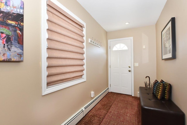 doorway to outside with dark colored carpet and recessed lighting