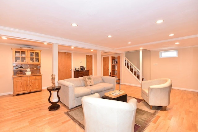 living room with light wood finished floors, baseboards, stairway, crown molding, and recessed lighting