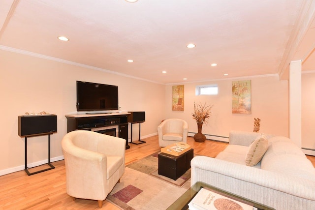 living room featuring light wood-style flooring, baseboard heating, and crown molding