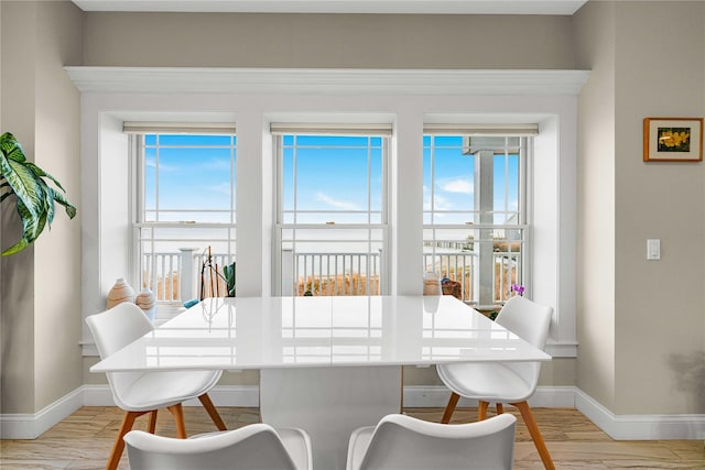 dining room with baseboards, light wood-style flooring, and a healthy amount of sunlight