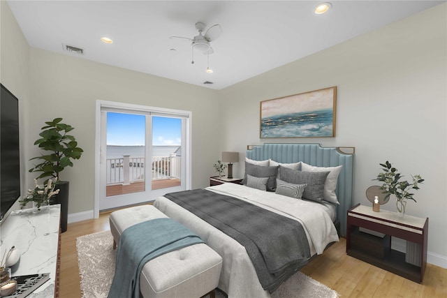 bedroom with visible vents, baseboards, light wood-style flooring, access to outside, and recessed lighting