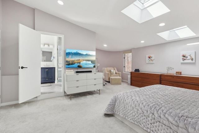 bedroom featuring ensuite bath, recessed lighting, baseboards, and carpet floors