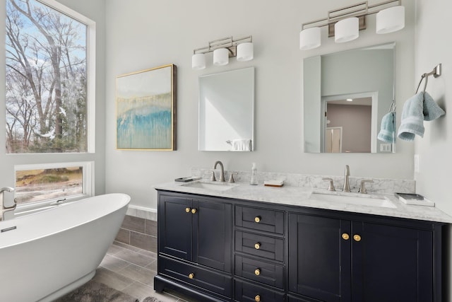 full bath featuring a sink, a freestanding tub, baseboards, and double vanity