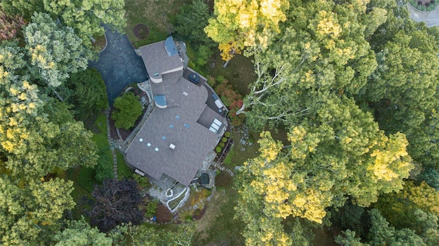 birds eye view of property with a forest view