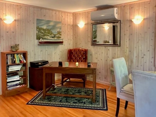 103 Greene Walk, Cherry Grove, NY 11782 - office featuring a wall mounted air conditioner, wood finished floors, and wood walls