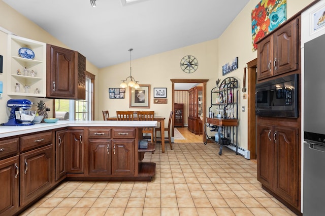 kitchen with open shelves, built in microwave, light countertops, a chandelier, and stainless steel fridge
