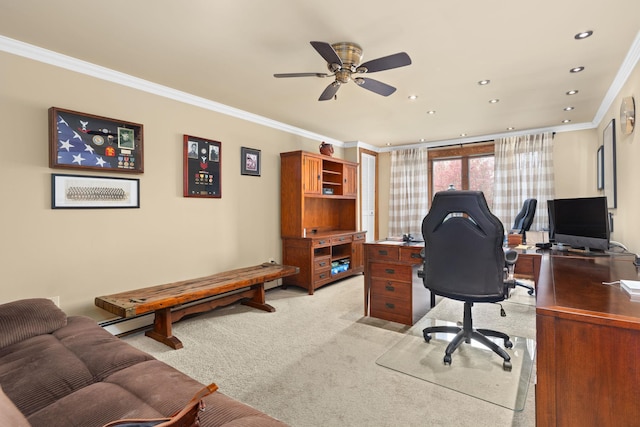 office area with light colored carpet, ornamental molding, a ceiling fan, and recessed lighting