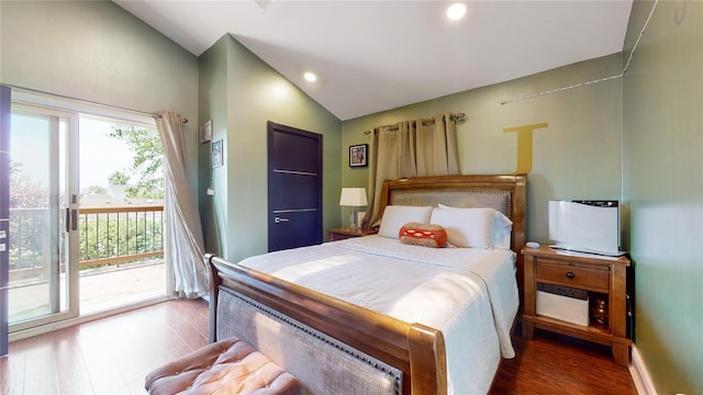 bedroom featuring baseboards, lofted ceiling, wood finished floors, access to outside, and recessed lighting