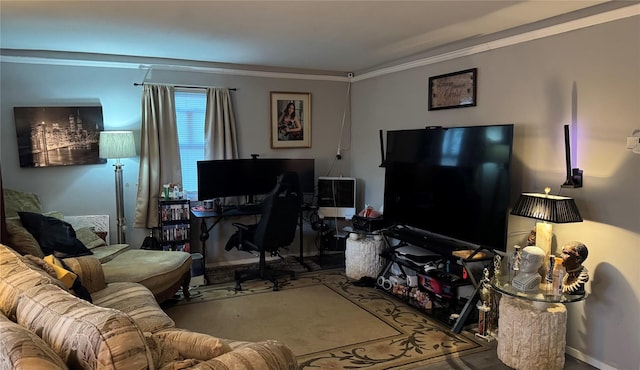 living area featuring ornamental molding