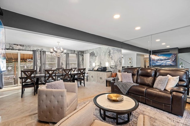 living room with a chandelier and recessed lighting