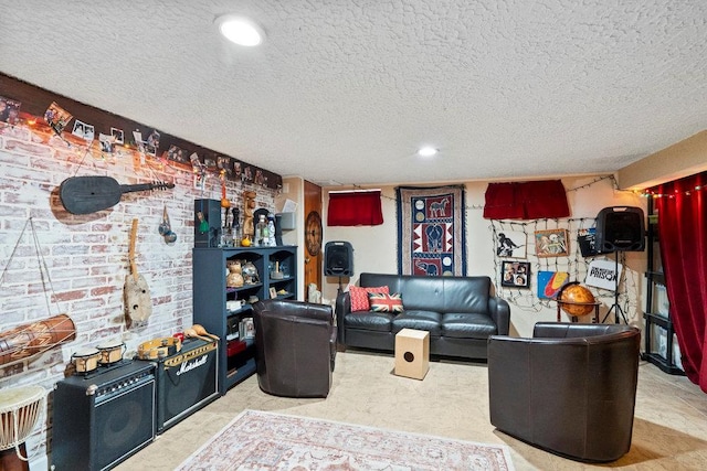 living area with a textured ceiling, brick wall, and recessed lighting