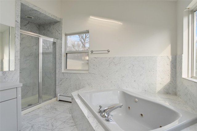 full bathroom featuring a baseboard heating unit, marble finish floor, a whirlpool tub, and a marble finish shower