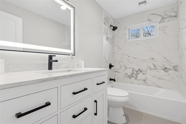 full bath featuring toilet,  shower combination, vanity, and visible vents