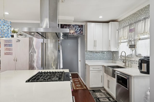 kitchen with island range hood, appliances with stainless steel finishes, ornamental molding, dark wood-style flooring, and a sink