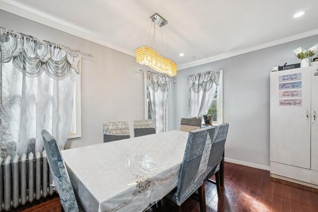 dining space featuring crown molding, recessed lighting, radiator heating unit, baseboards, and hardwood / wood-style flooring