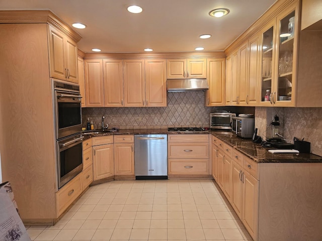 kitchen featuring stainless steel appliances, a sink, under cabinet range hood, and decorative backsplash