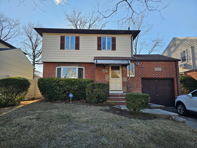 view of front facade with a garage, driveway, fence, cooling unit, and brick siding